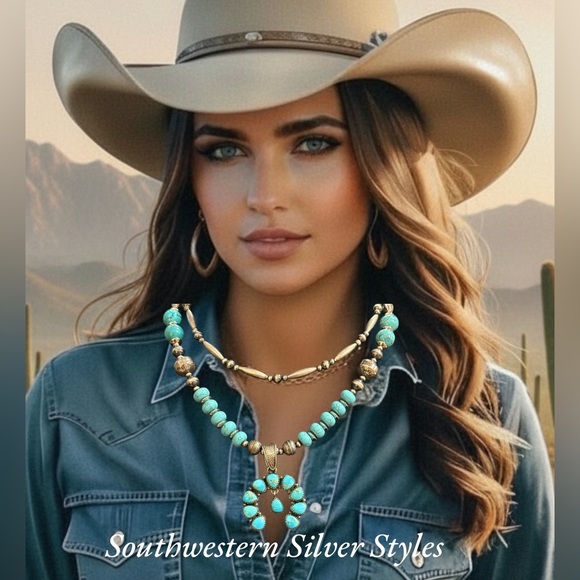 Vintage Sterling Silver Navajo Pearls Turquoise Squash Blossom Necklace - Picture 2 of 15